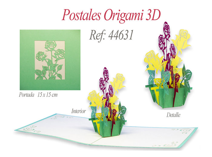 POSTAL 3D ORIGAMI RAMO DE ROSAS